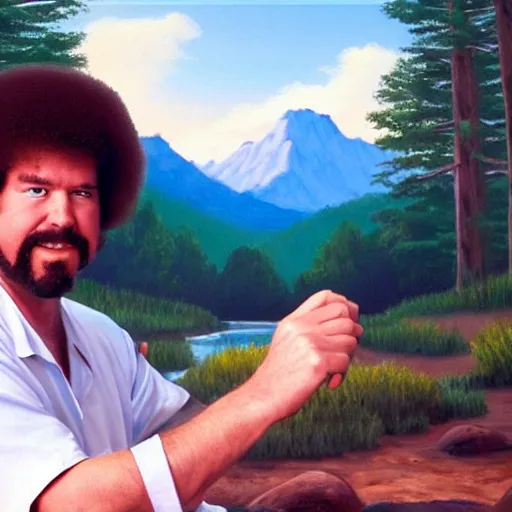 Image similar to a closeup photorealistic photograph of bob ross crafting an image of kenny powers baseball, a painting on a canvas. mountains and trees. film still. brightly lit scene. this 4 k hd image is trending on artstation, featured on behance, well - rendered, extra crisp, features intricate detail, epic composition and the style of unreal engine.