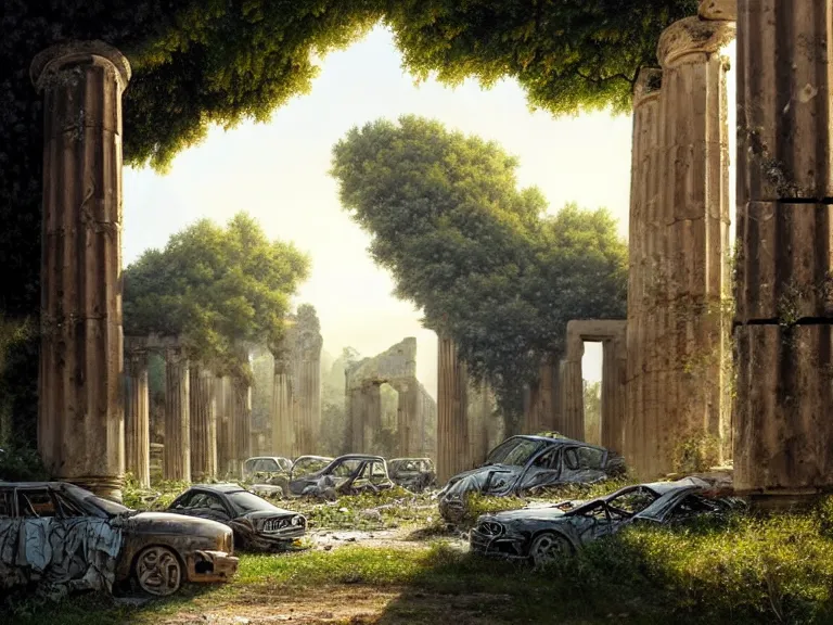 Image similar to tree growing in ancient greek ruins, gray wasteland, many scrap cars, plastic waste, rubble, pillars, flowers, vines, hyperrealistic, highly detailed, cinematic, single ray of golden sunlight, beautiful, cgssociety, artstation, 8 k, oil painting by greg rutkowski, by artgerm, by wlop