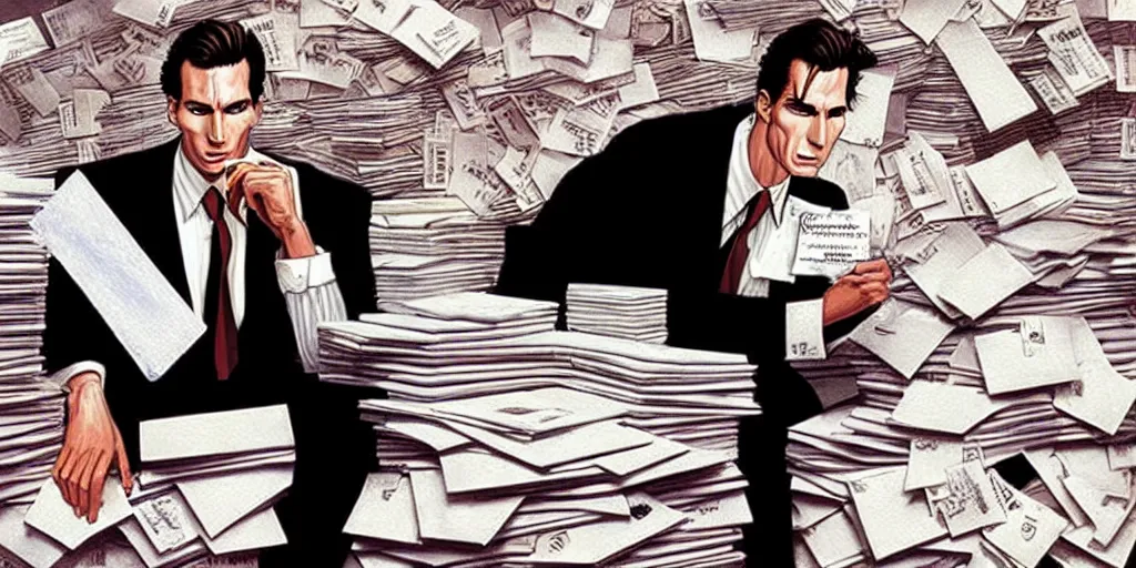 Image similar to patrick bateman, detailed fantasy art, sitting with stacks of business cards, american psycho