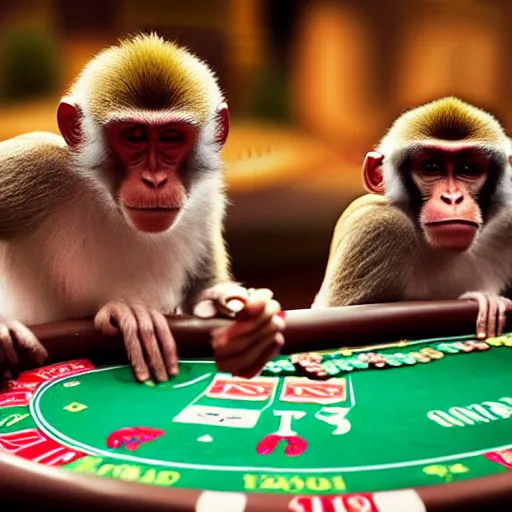 Prompt: a group of monkey's at a casino playing poker, Hyper Realism, realistic, cinematic lighting, ambient lights,