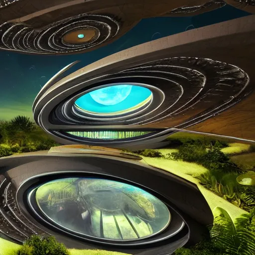 Image similar to alien architecture fancy house with curved edges raised on platform overlooking planet landscape with craters and coral type plants luminescent futuristic detailed painting 4 k