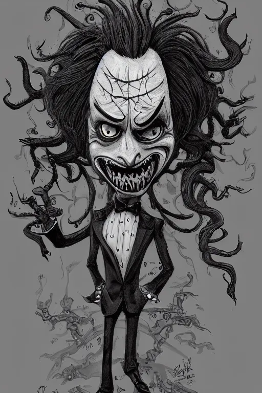 Image similar to creepy demon in a suit, tim burton, detailed, highly detailed, concept art, artstation, comic aesthetic, creepy aesthetic, toon shading, cel shading,