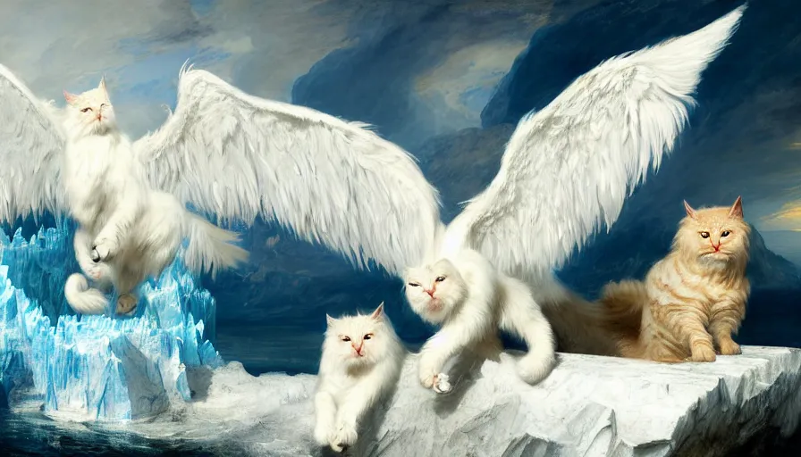 Image similar to highly detailed painting of white giant griffon cat bears with large feathered wings on a blue and white iceberg by william turner, by greg rutkowski, by william constable, thick brush strokes and visible paint layers, 4 k resolution