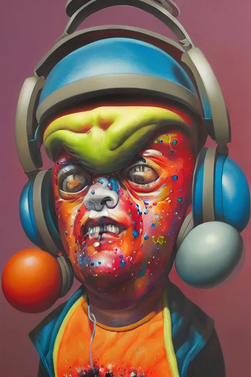 Image similar to hyperrealism surrealism acrylic painting, aerosol splashes on paper, close - up portrait of bowling ball - man with big headphones and a mime sweater art by jeff soto