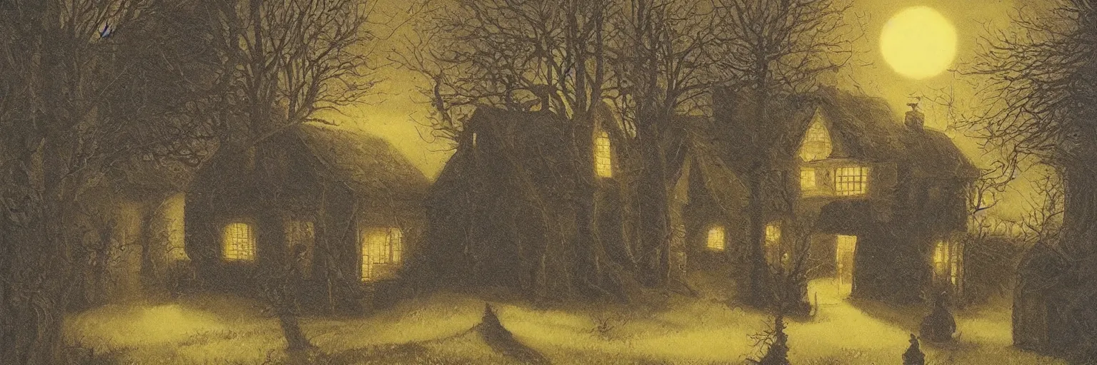 Prompt: oil painting in a spellbook of a dark beautlful night, by charles vess on black matte very textured paper, english country village square