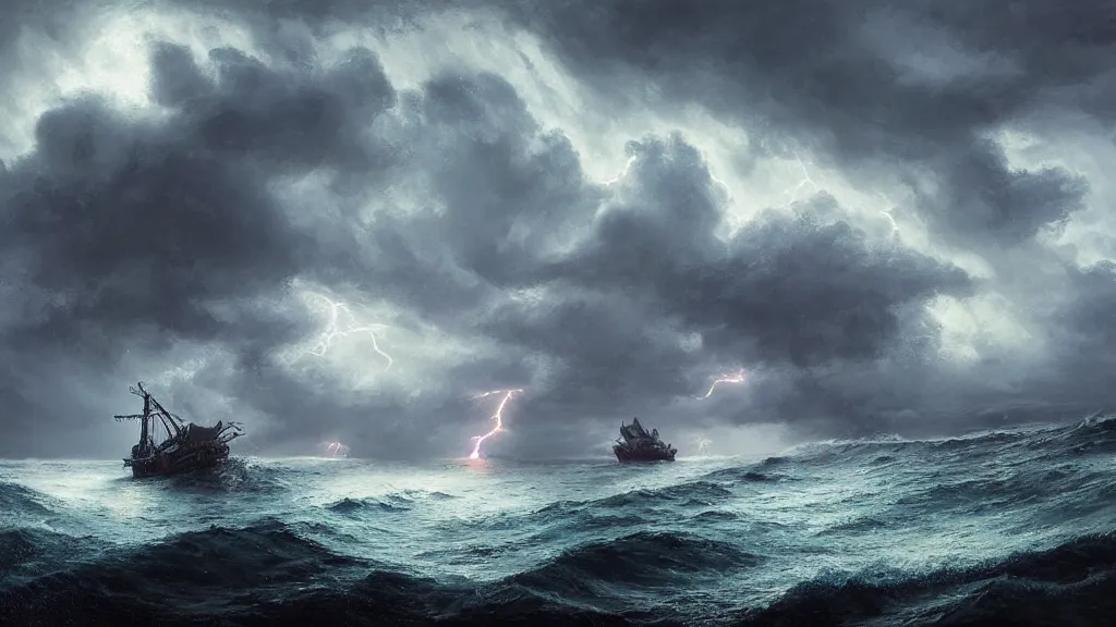 Prompt: small boat in the left foreground, giant massive kraken rising out a stormy ocean in the right background, lightning in background, intricate, detailed, volumetric lighting, sharp focus, scenery, digital painting, highly detailed, concept art, ruan jia, steve mccurry