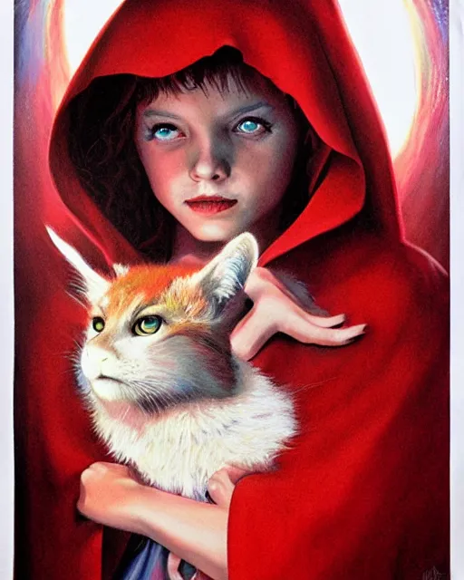 Image similar to little red riding hood, airbrush, drew struzan illustration art, key art, movie poster