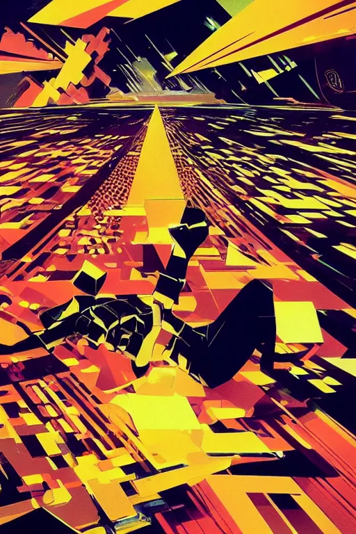 Image similar to wideangle action, girl falling through the flow zone, decoherence, synthwave, glitch!!, fracture, vortex, realistic, hyperdetailed, concept art, golden hour, art by syd mead, cubism
