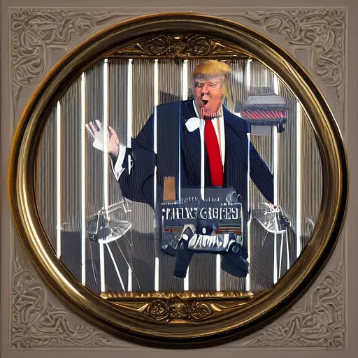 Image similar to trump making fun of cripple in striped prison clothes commemorative plate, 3 d high definition, trending on artstation, intricate detail, finely detailed, small details, extra detail, photorealistic, high resolution, vray, 8 k, octane, hdr, hyper detailed, insane details, intricate, elite, ornate, elegant, luxury