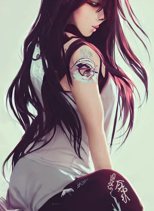 Prompt: woman in streetwear, long hair, poster, portrait, anime key visual, by wlop, anime, manga,