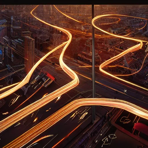 Image similar to detailed intricate digital illustration by greg rutkowski and artgerm and wlop and sanford robinson gifford ; glowing anatomically correct human veins loom over city intersection ; 1 3 mm film, arri alfa anamorphic lens ; long exposure, sharp focus ; golden hour, trending on artstation 8 k