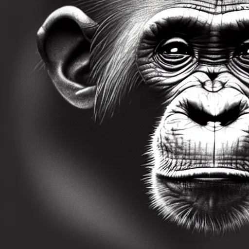 Image similar to a very detailed pencil drawing of a happy chimpanzee 4 k, high resolution, still, landscape, hd, dslr, hyper realistic, sketch