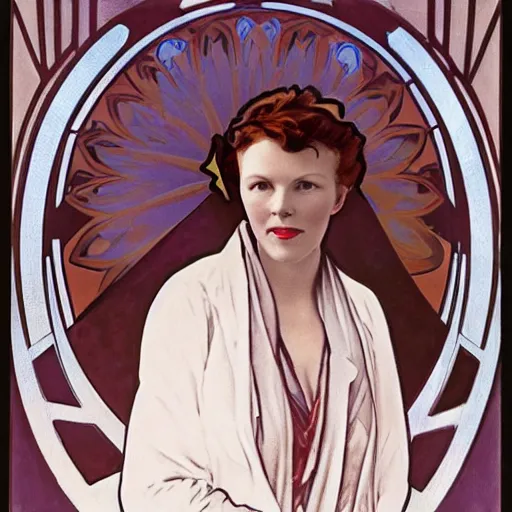 Image similar to amelia earhart, painted by alphonse mucha