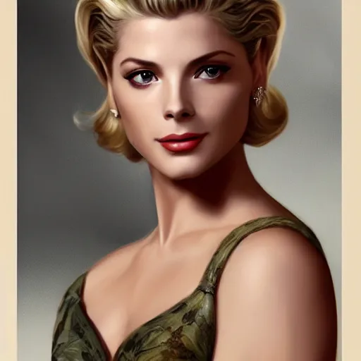 Image similar to A combination of Grace Kelly's and Katheryn Winnick's and Ashley Greene's faces as Solid Snake, full body portrait, western, fantasy, intricate, elegant, highly detailed, digital painting, artstation, concept art, matte, sharp focus, illustration, half body portrait, art by Artgerm and Greg Rutkowski and Alphonse Mucha