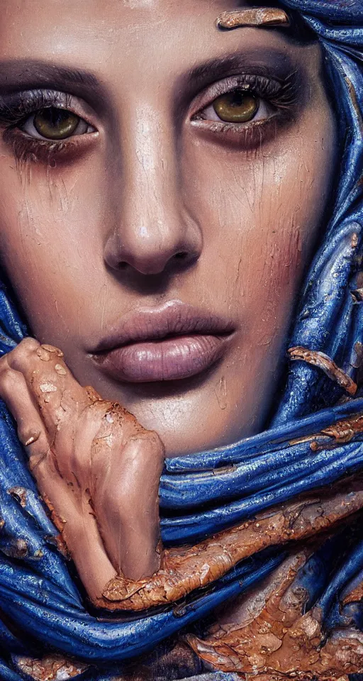 Prompt: hyperrealism oil painting, extreme close-up, portrait of fashion model, melted cyborg, hidden under silk, dark blue ocean pattern mixed with sand dunes , in style of classicism mixed with 70s japan book art