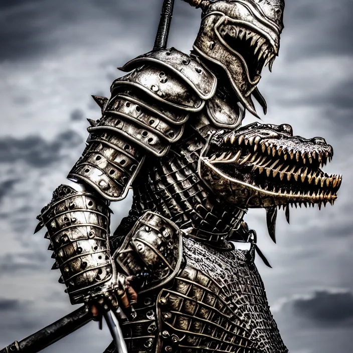 Image similar to photo of a warrior with metal crocodile themed armour, highly detailed, 4 k, hdr, smooth, sharp focus, high resolution, award - winning photo