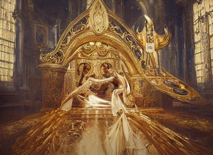 Prompt: kneeling before the pope, royal robe, gold trim, close - up, light effect, hyper detailed, intricate, mysticism, atmospheric, elegant, photorealistic by michael komarck, greg rutkowski, victo ngai, artgerm, willem claesz heda and j. dickenson