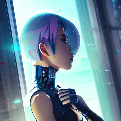 Image similar to a large reflective shattering window, beautiful cyborg - girl punching into a large reflective shattering window, window reflections, reflective, mirror reflection, refractions on lens, full round face, biomechanical details, cyberpunk anime art, full body shot, lens flare, wlop, ilya kuvshinov, artgerm, krenz cushart, greg rutkowski