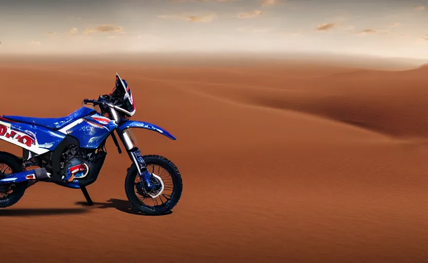 Prompt: prototype of dakar motorbike, dakar race, sand and desert in background, symmetrical mechanical features, off - road, designed by professional, fog and dirt, industrial design, brushed red and blue paint, hard surfaces modelling, dramatic lighting, hyper realistic rendering, octane, depth of field, bokeh effect, 4 k