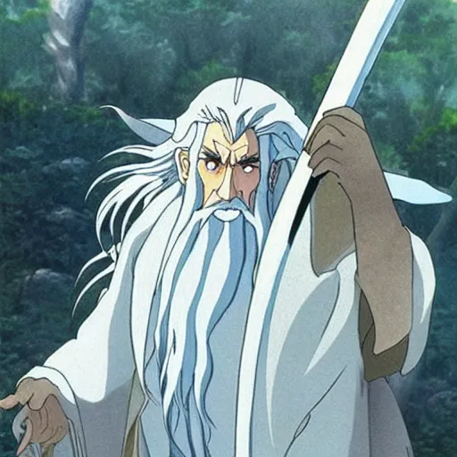 Image similar to gandalf from the anime lord of the rings (1986), studio ghibli, very detailed, hyperrealistic