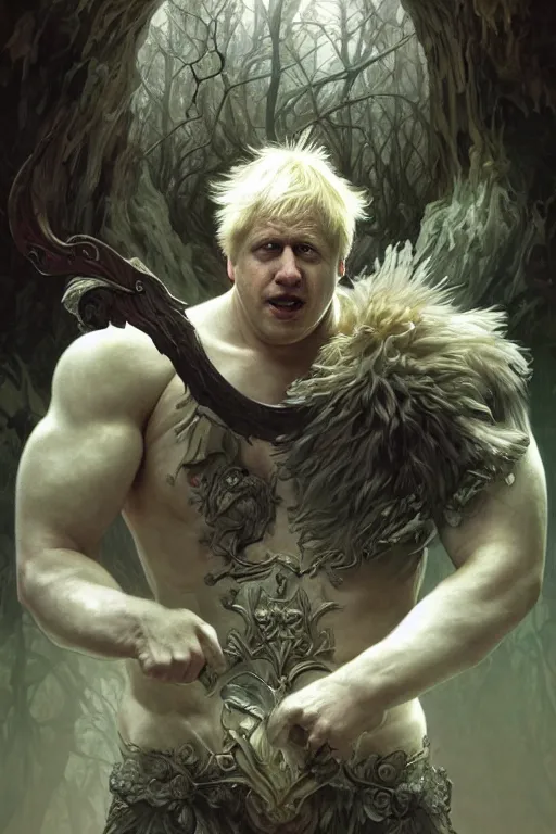 Image similar to portrait of boris johnson as a very pale hulking herculean demon, forest, godlike, full body, fantasy, intricate, elegant, highly detailed, digital painting, artstation, concept art, sharp focus, illustration, art by artgerm and greg rutkowski and alphonse mucha