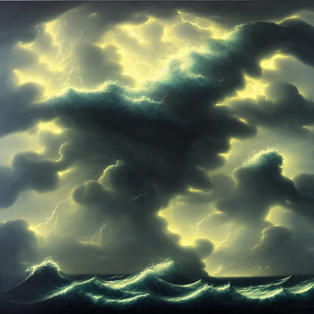 Prompt: a fantasy seascape. subject : giant dark kraken in a stormy sea with a small boat, giant waves, lightning in the background, oil painting, 4 k