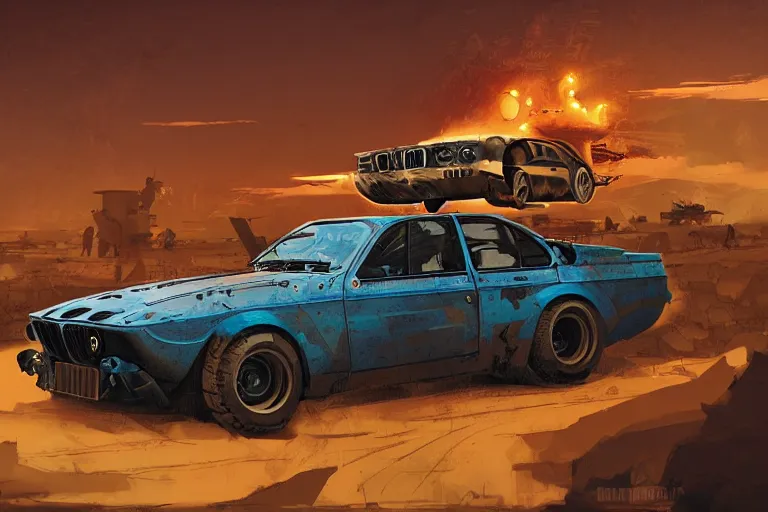 Image similar to dieselpunk digital illustration of mad max's bmw m 1 ( ( ( ( himars ) ) ) ) by makoto shinkai, ilya kuvshinov, lois van baarle, rossdraws, basquiat