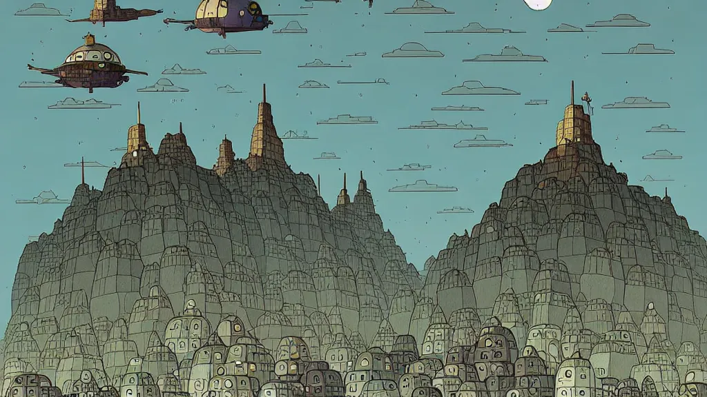 Prompt: A mountain of despair by Jon Mess, The mountain is in the middle of a city by Mattias Adolfsson, the city buildings are in studio ghibli style, the city has a lofi aesthetic, illustrative art of small steampunk airships flying around the city by Vincent Di Fate, little animal people are flying the airships by Ross Tran
