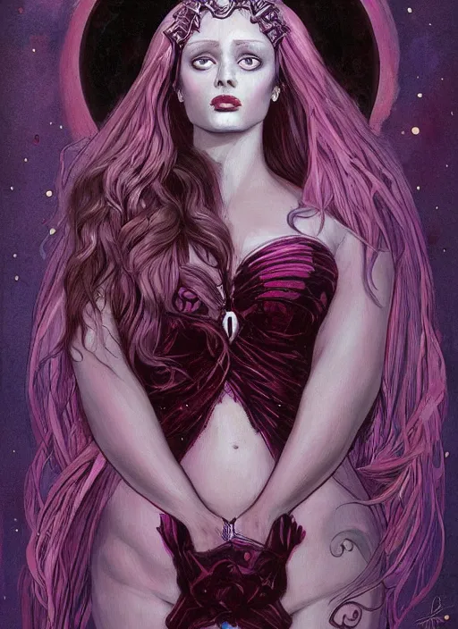 Prompt: portrait of princess of the dreamlands and moon beast, beautiful! coherent! by brom, deep colors, red maroon purple pink black, strong lines