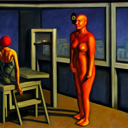 Prompt: brainwave collector, human subjugation, dystopian, pj crook, edward hopper, oil on canvas