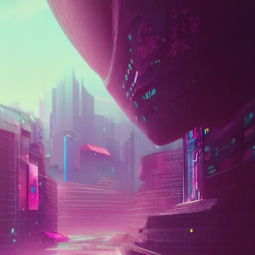 Prompt: beautiful japanese cyberpunk futuristic landscape painting, teal and pink, matte painting, depth of field, by tuomas korpi, trending on artstation