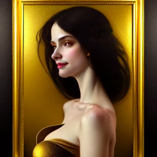 Image similar to portrait of a smiling, beautiful, pale skin eastern european female with long black hair, dark brown eyes, elegant clothing, photorealistic, highly detailed, artstation, smooth, sharp focus, gold ornaments, neon lighting, sci - fi, art by gustav klimt, artgerm, greg rutkowski and alphonse mucha