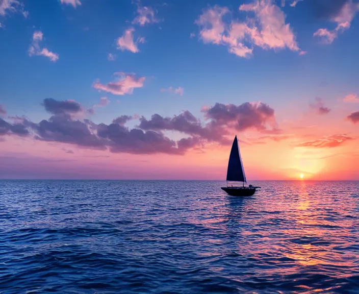 Image similar to 4 k hd, high detail photograph of a sail boat in the sea at sunrise, shot with sigma f / 4. 2, 2 5 0 mm sharp lens, wide shot, isometric view, volumetric lighting, reflection, high level texture render