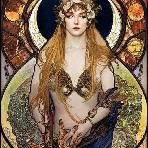 Prompt: realistic detailed zodiac leo by Alphonse Mucha, Ayami Kojima, Amano, Charlie Bowater, Karol Bak, Greg Hildebrandt, Jean Delville, and Mark Brooks, Art Nouveau, Neo-Gothic, Surreality, gothic, rich deep moody colors