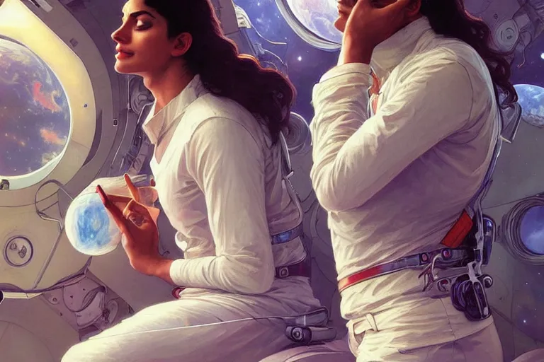 Image similar to Pensive good looking pale young Indian doctors wearing jeans in a space station above Earth, portrait, elegant, intricate, digital painting, artstation, concept art, smooth, sharp focus, illustration, art by artgerm and greg rutkowski and alphonse mucha