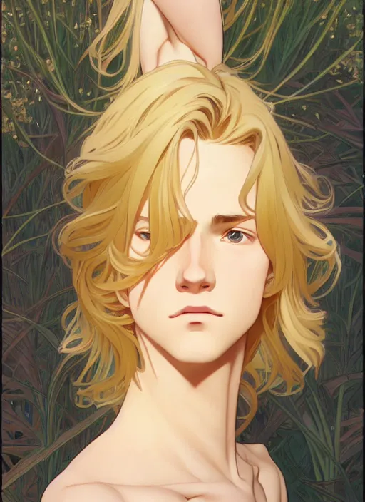 Image similar to pretty young man with shoulder length shiny shimmering golden blond hair, path traced, highly detailed, high quality, digital painting, by studio ghibli and alphonse mucha, leesha hannigan, makoto shinkai, disney