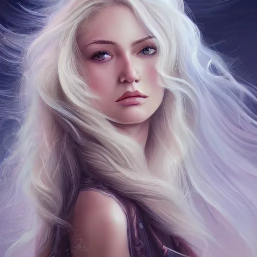 Prompt: A portrait of an attractive young female wind angel, beautiful long wavy blond hair, tumultus clouds in the back, intricate, highly detailed, elegant, digital painting, trending on artstation