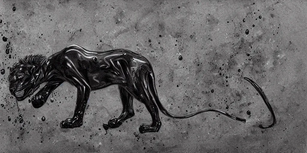 Image similar to the black lioness, made of ferrofluid, in a suburban neighborhood, dripping tar. animal drawing, drawing, environment art