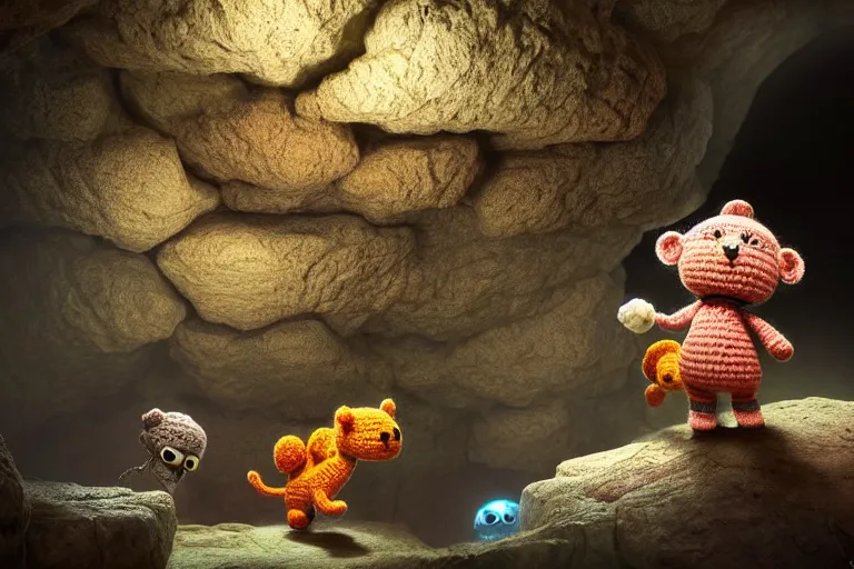 Prompt: an expedition of crochet cute animals discovering a new cave underground. cute, illustration, digital art, inspired by little big planet, by greg rutkowski, detailed, sharp, masterpiece, highly detailed, photorealistic, octane render, 8 k, unreal engine 5, trending on artstation, vivid colors