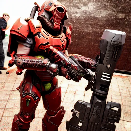 Image similar to doom slayer from doom eternal cosplay, photography, 9 0 s