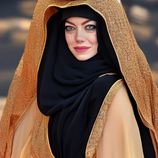 Image similar to A portrait of Emma Stone wearing arabian abaya, high quality, fully detailed, 4k