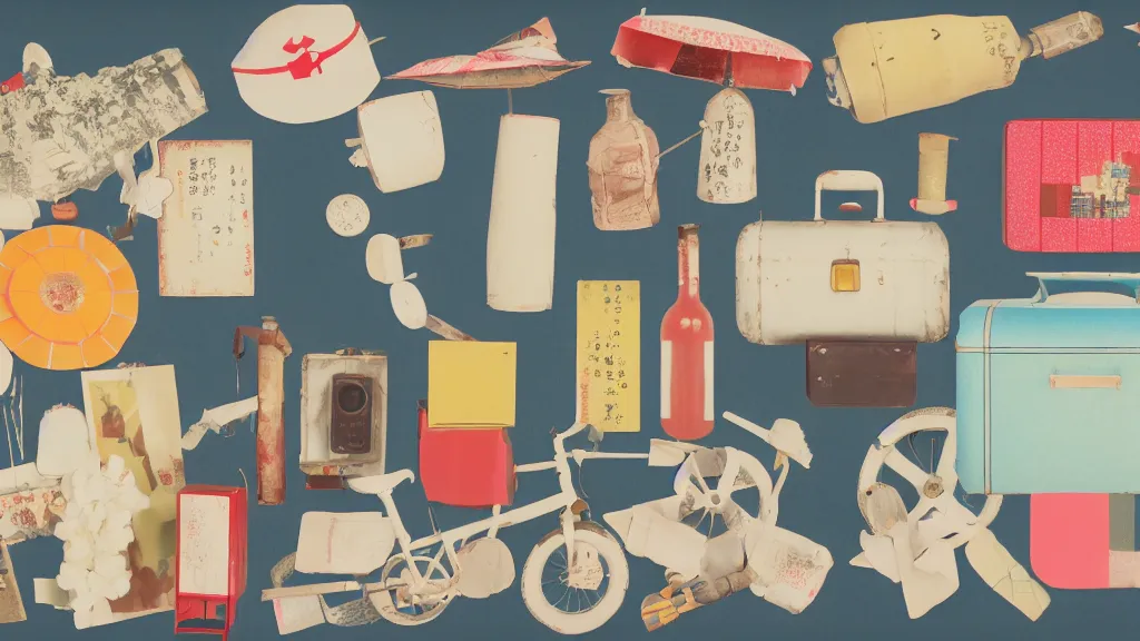 Prompt: an arrangement of picnic traveller props, japan, a collage painting, in the style of wes anderson, lola dupre, david hockney, isolated on negative white space background dark monochrome neon spraypaint accents volumetric octane render