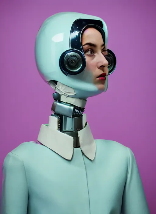 Image similar to a fashion portrait photograph of a retro robot head in the style of wes anderson, pastel hues, 35mm, pentax, studio lighting