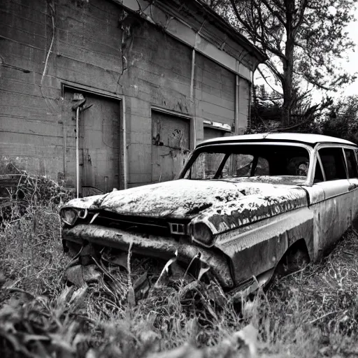 Prompt: ( ( rusty ) ) car in an abandoned lot