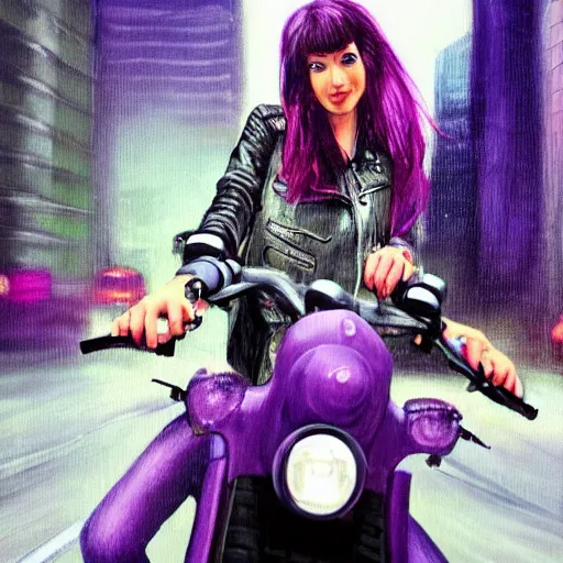 Prompt: perfect portrait of a realistic girl rding a motorbike in a light rain with violet punk hairin a city with skyscrapers , hyperrealistic painting , perfect an wild face