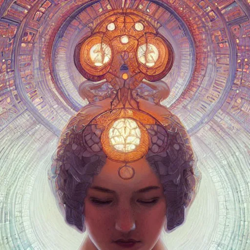 Image similar to symmetry!! portrait of a woman, cottagecore!!, mushroom head!! glowing lights!! intricate, fractal!!, elegant, highly detailed, digital painting, artstation, concept art, smooth, sharp focus, illustration, art by artgerm and greg rutkowski and alphonse mucha