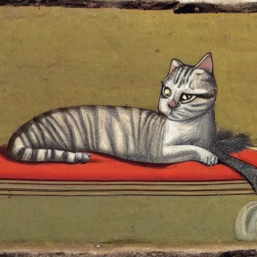 Prompt: a cat sunbathing with sunglasses, ancient roman painting, fourth style, third style, second style, pompeii