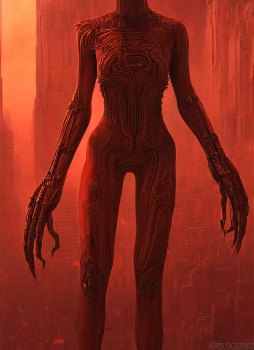 Prompt: Wanda Maximoff, dynamic pose, standing in a h.r. giger city, red, glowing, wires everywhere, by Edgar Maxence and Ross Tran, Zdzisław Beksiński, and Michael Whelan, distant, gustav dore, H.R. Giger, 8k, octane render