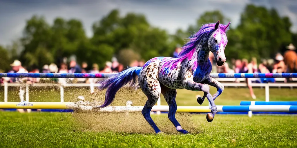 Image similar to action shot from a distance of 2 0 m of a hybrid my little pony ( appaloosa horse ), professional, high quality, multi colored saturated mane, a horse is at a steeplechase event, 4 k, dof, bokeh, action, dramatic lighting, photorealistic, detailed, hq, photorealism, digital art