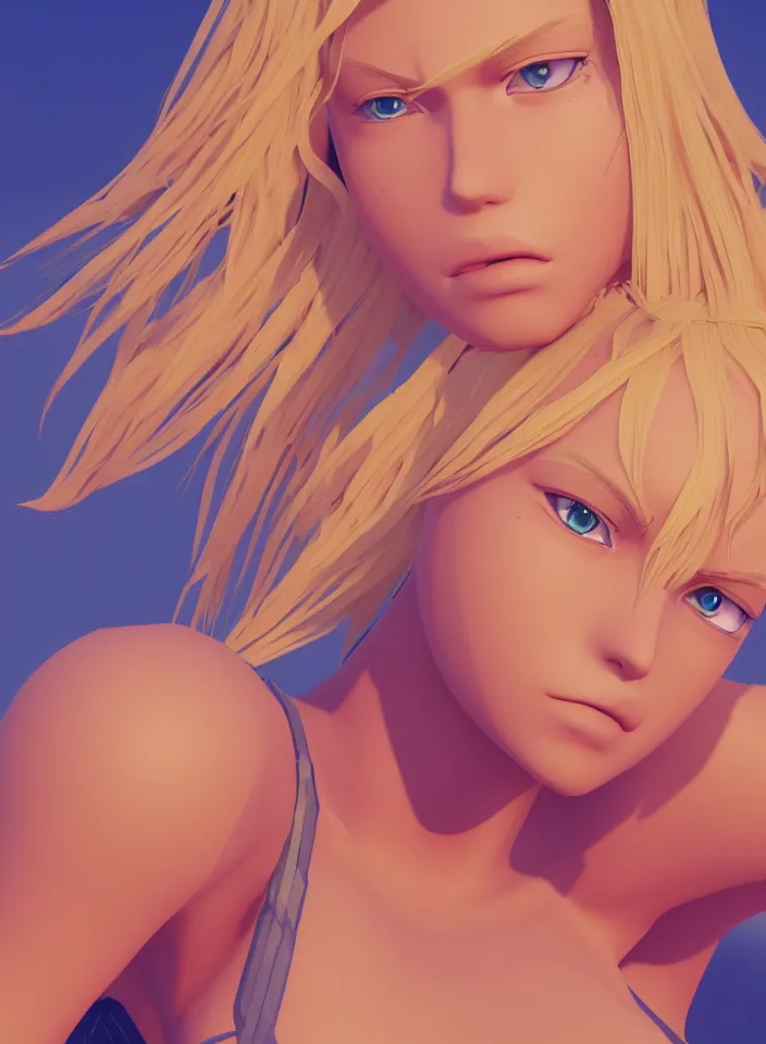 Prompt: beautiful blond woman in orange tribal bikini, blond hair pulled back off the face, green eyes, by makoto shinkai, 8 k, high resolution render, cinematic, unreal engine, clean lineart and flat color,